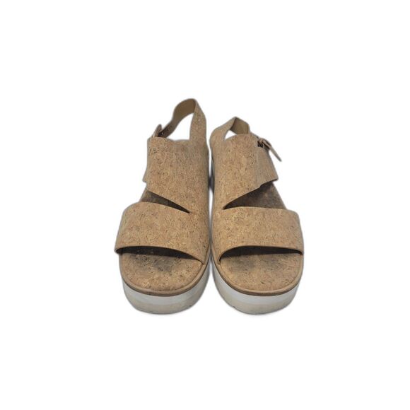 VINCE. Natural Beige Cork Asymmetrical Shelby Round Toe Wedge Buckle Sandal - Picture 1 of 7
